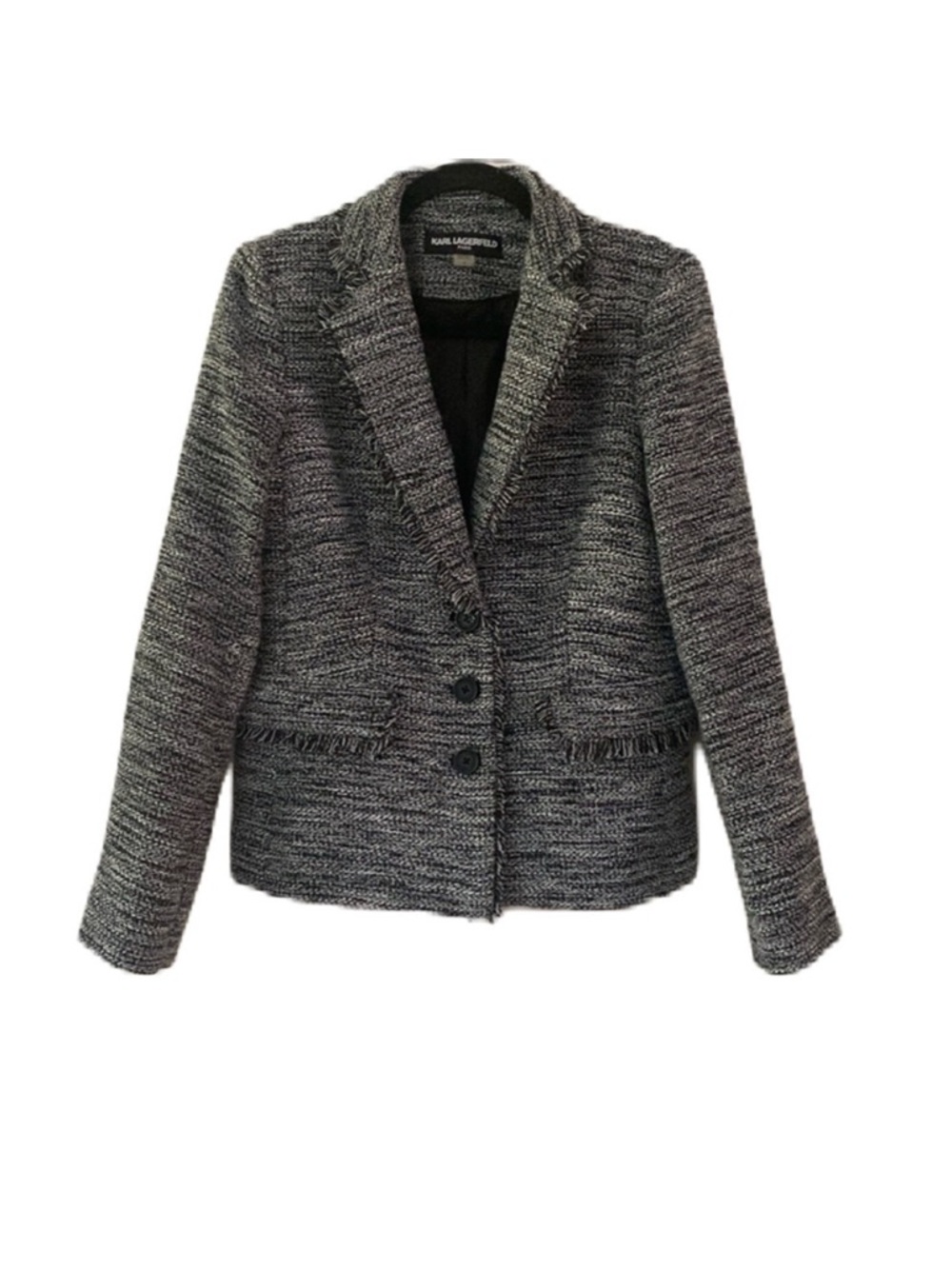 Karl Lagerfeld Paris Tweed Blazer Jacket Coat Tweed Fringe 3Button Size 8 Boucle